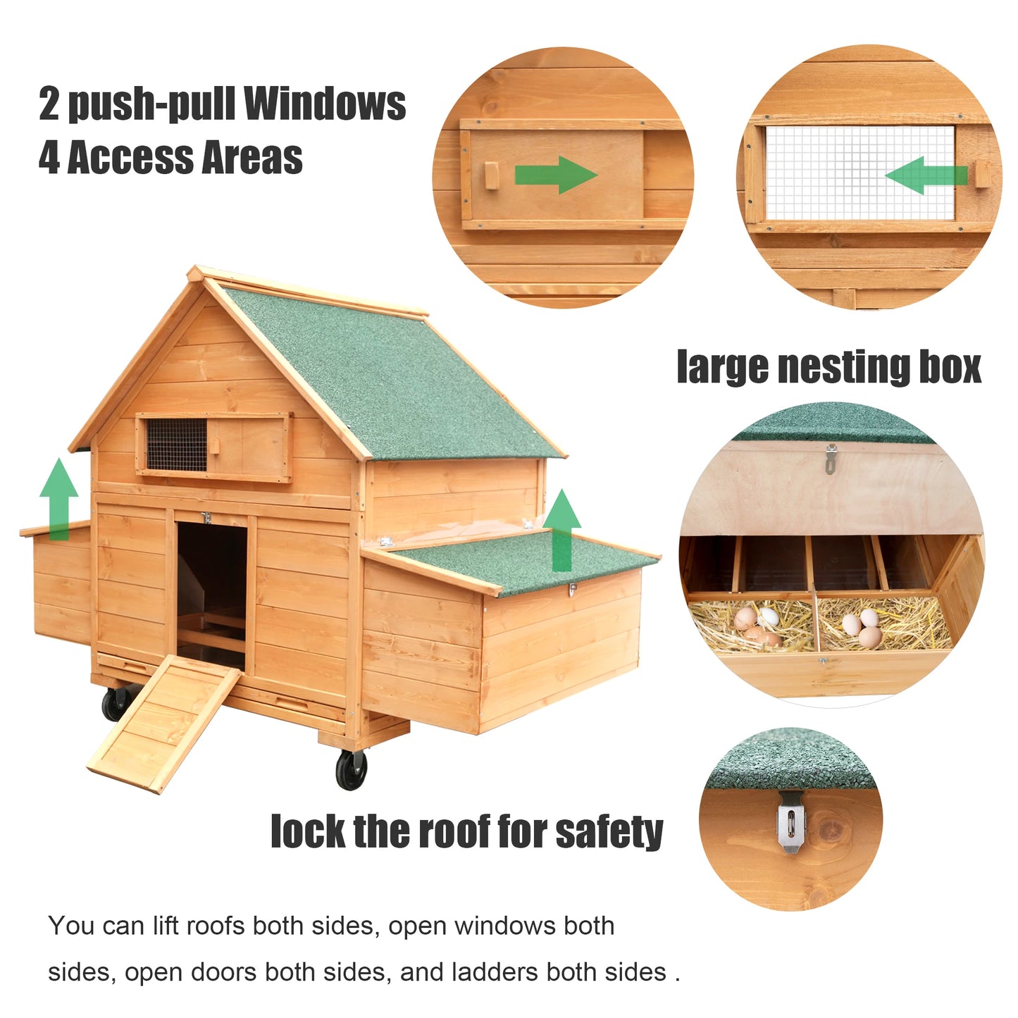 Mobile Wooden Chicken Coop on Wheels for 6-8 Chickens