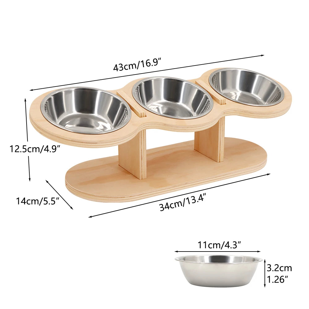 PETRAVEL Tilted Raised Cat Bowl With Stainless Steel Triple Bowls