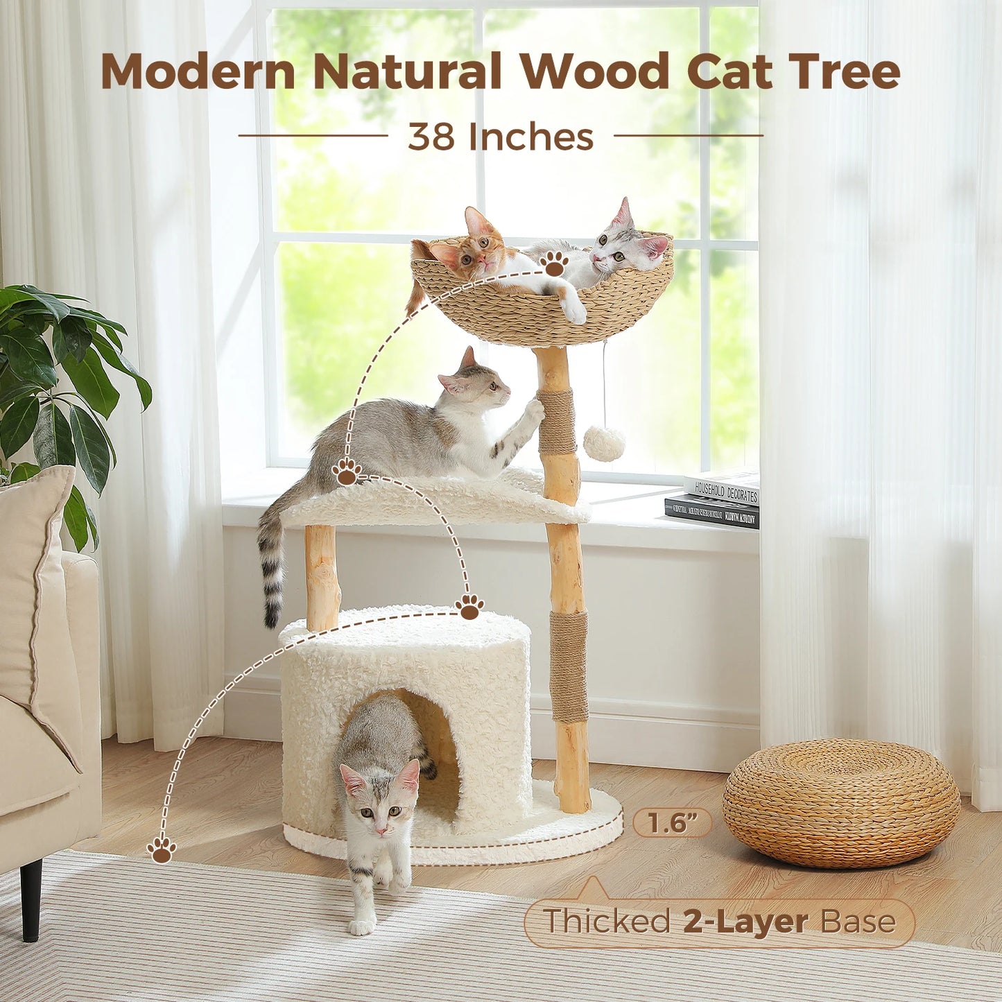 PAWZ Road Modern Cat Tree Tower With Natural Solid Wood Scratching Posts And Basket