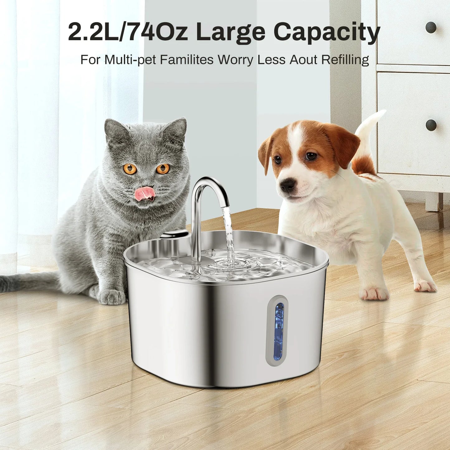 ZYfeeder 2.2L Automatic Cat And Pet Water Fountain Stainless Steel