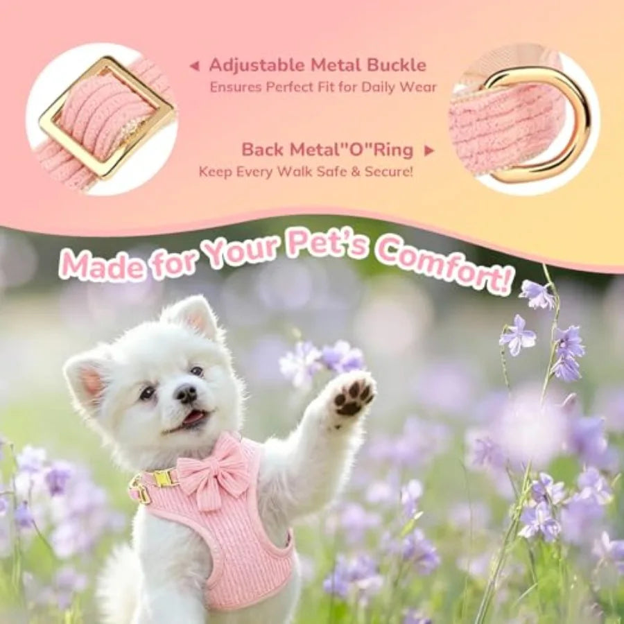 Dog Collar Harness And Leash Set No-Pull Breathable Cotton Bowtie
