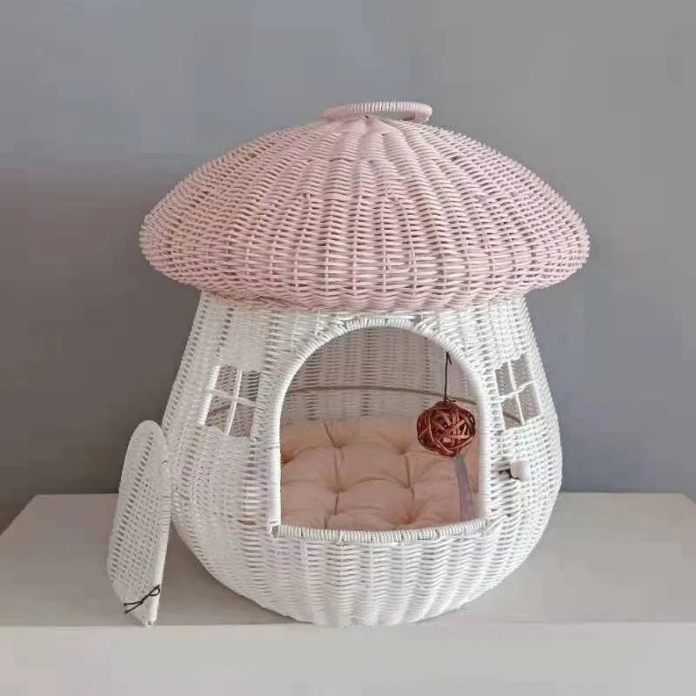 High Concerned Dual Use Pet Nest Mushroom House Raised Cat Bed For Indoor Use Hand Woven PP Rattan