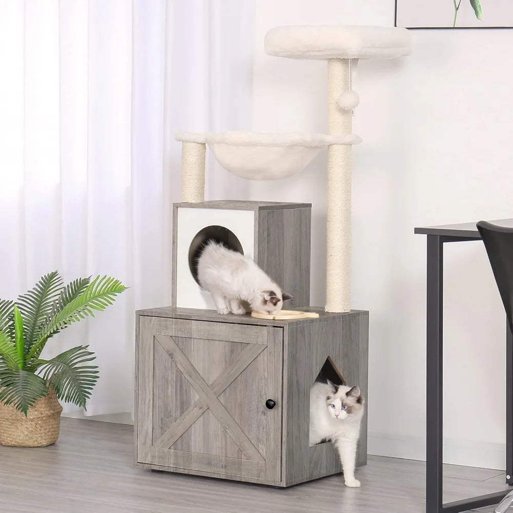 XMSJ All-In-One Cat Tree With Litter Box Enclosure And Food Station