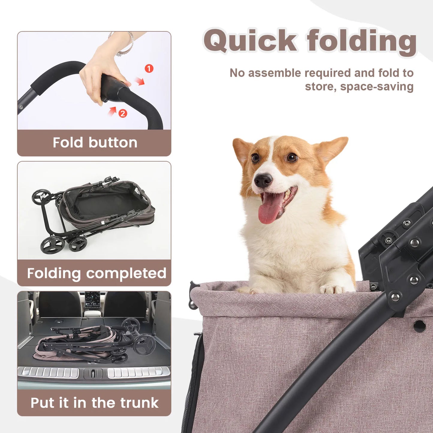 Foldable Dog Stroller Portable 4 Wheel Pet Pushchair Travel Carriage