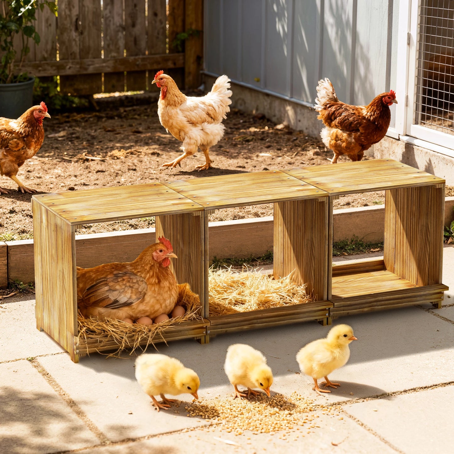 BORWART 3 Compartment Wooden Chicken Nesting Box for Poultry Farm