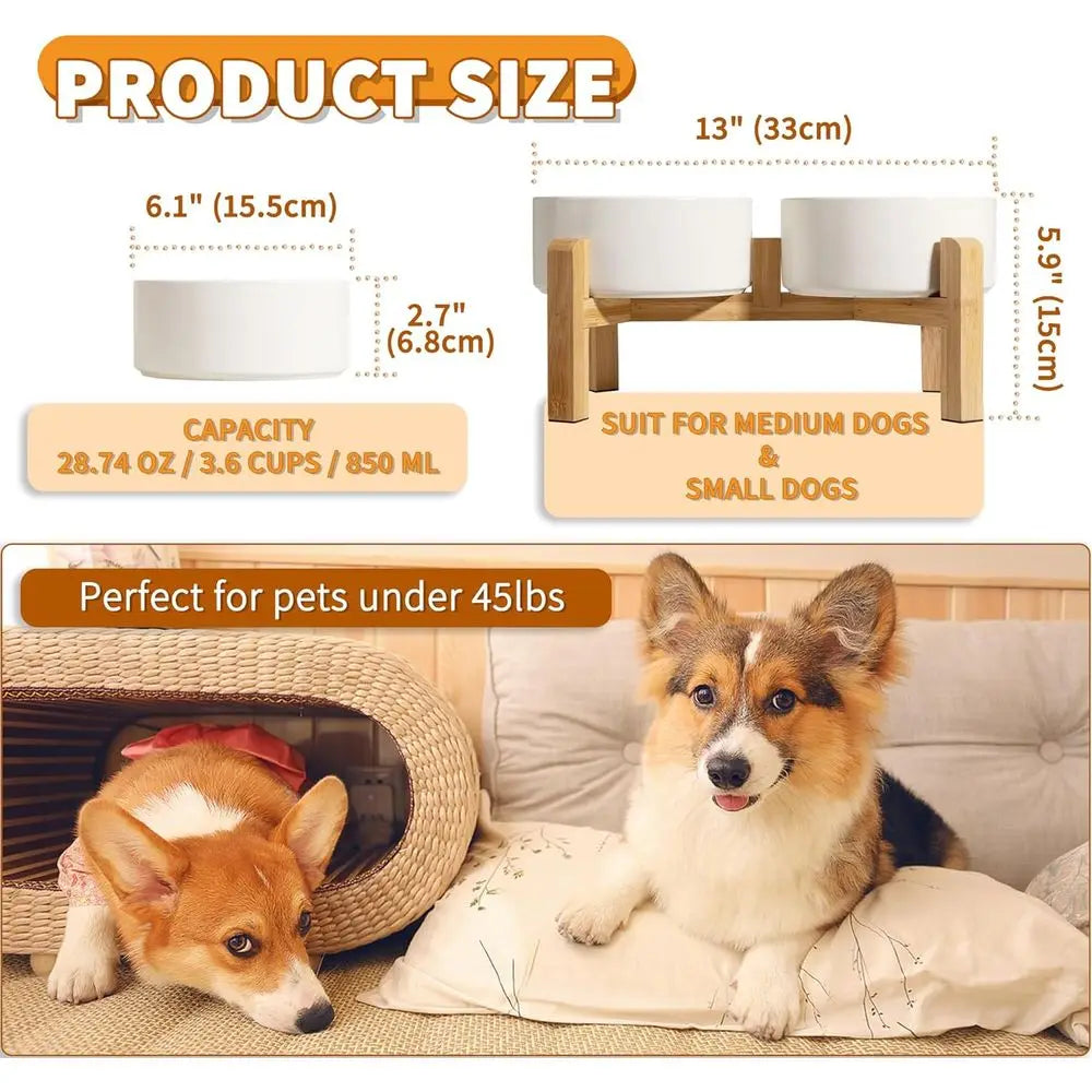 Raised Dog Bowls With Non Slip Bamboo Stand Double Feeding Bowls Set
