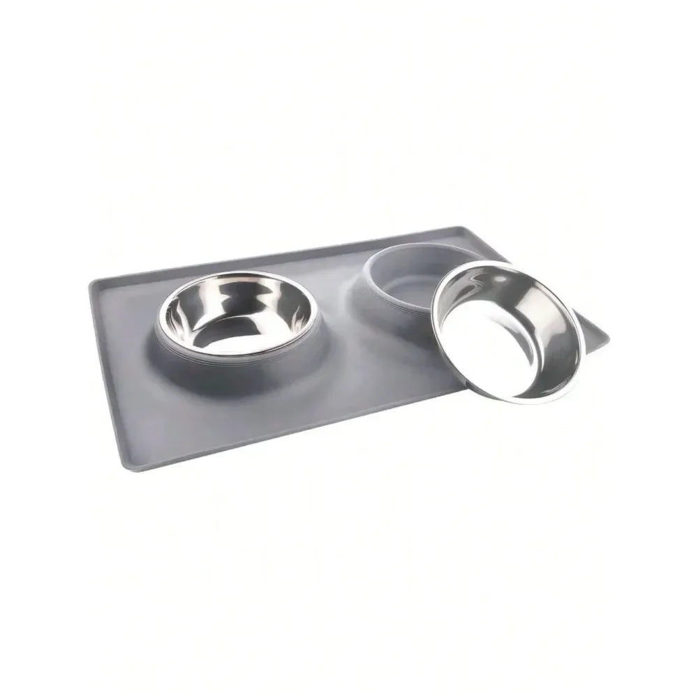 No Spill Dual Pet Feeder Bowls With Silicone Mat Set