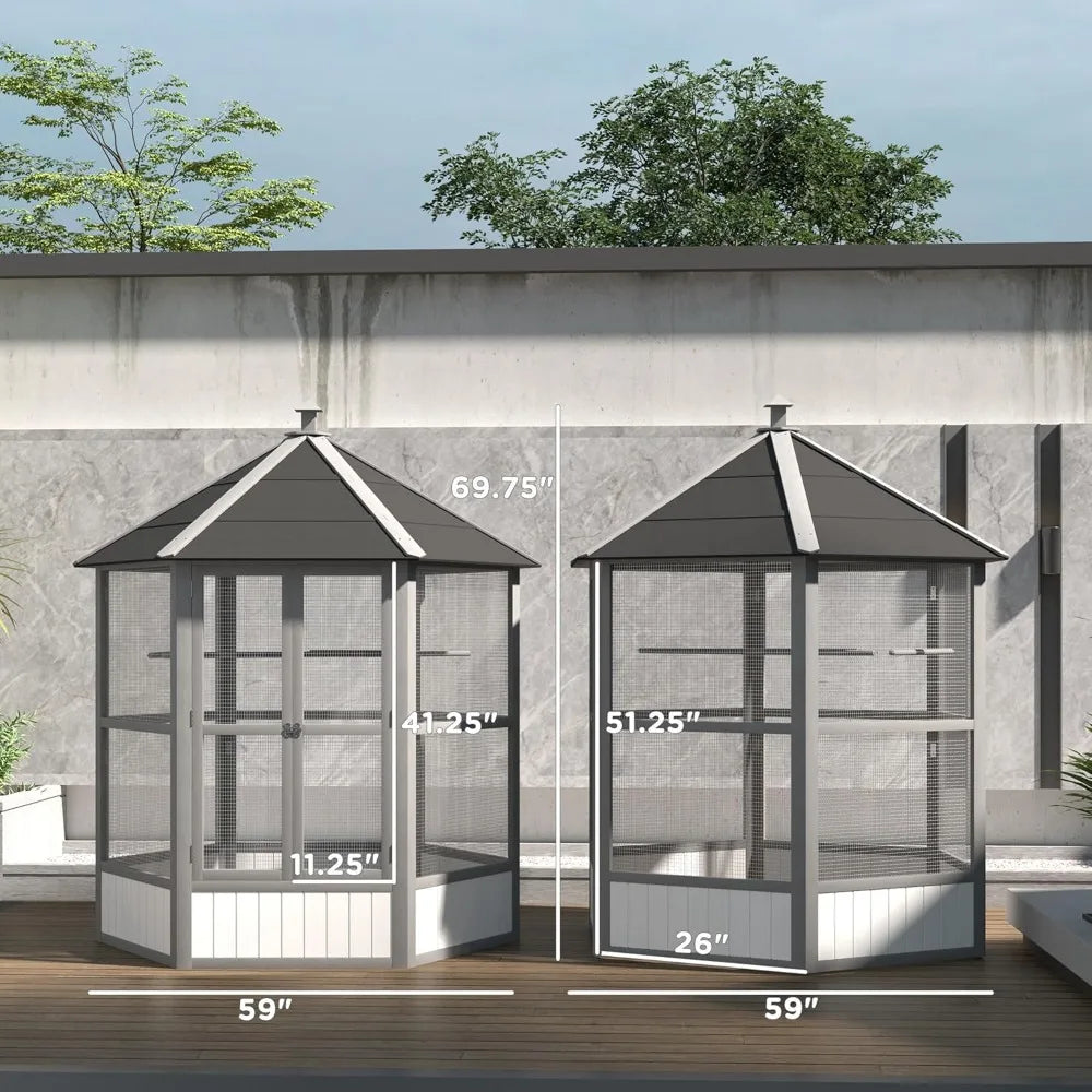 Wooden Hexagonal Outdoor Bird Aviary Cage With Covered Roof