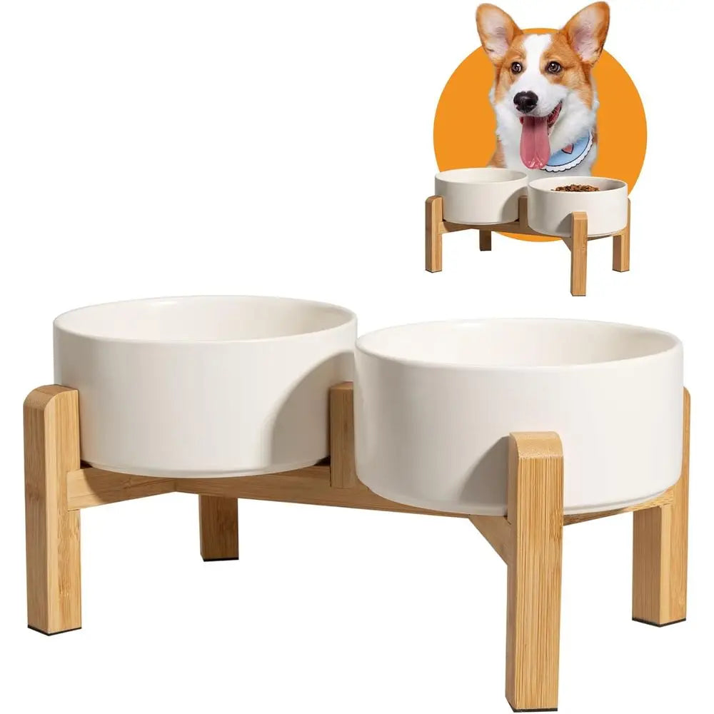 Raised Dog Bowls With Non Slip Bamboo Stand Double Feeding Bowls Set