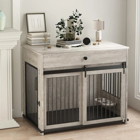 Engineered Wood Dog Crate With Sliding Door And Side Table