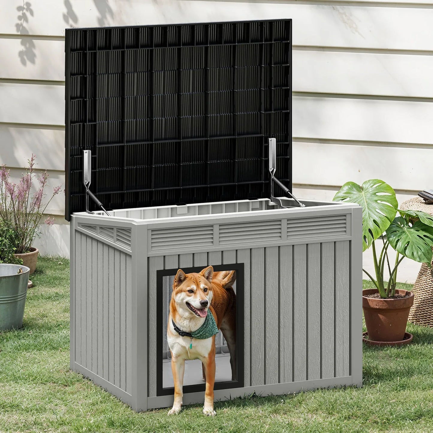 Plastic Dog House With Liftable Roof Outdoor Indoor Kennel Air Vents Weather Resistant Durable Shelter For Pets
