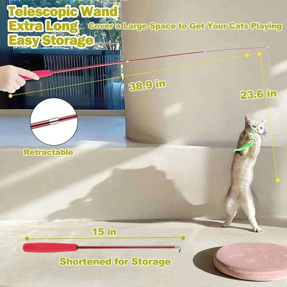 Indoor Cat Toy Set With Interactive Retractable Wand And 9 Piece Feather Toys