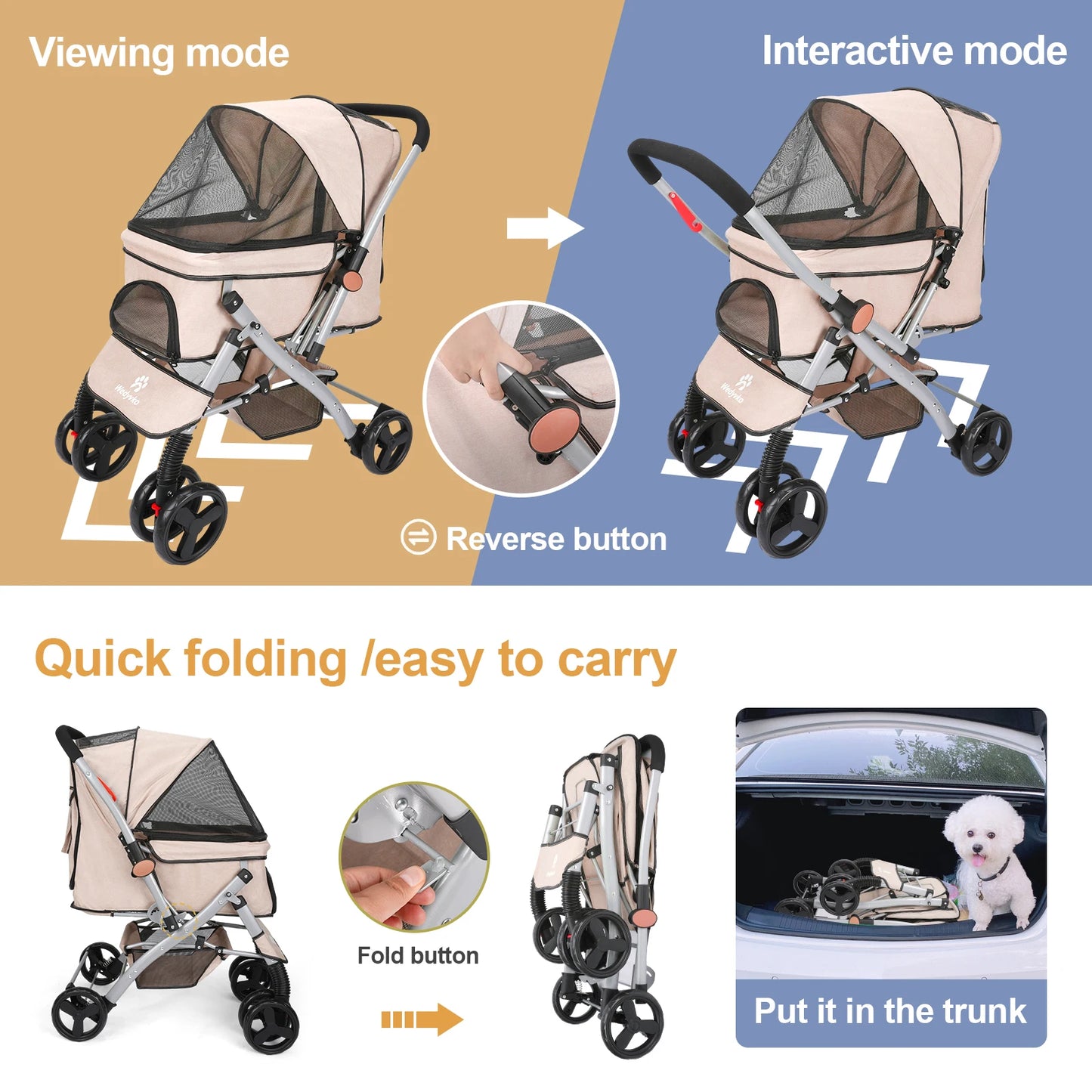 Wedyvko Foldable Cat Dog Stroller Detachable Easy Assembly Pet Travel Carrier With Shock Absorption Dirt Resistant
