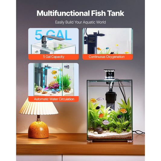 SucceBuy Square Glass Aquarium With Adjustable 3 Color Lighting Self Cleaning