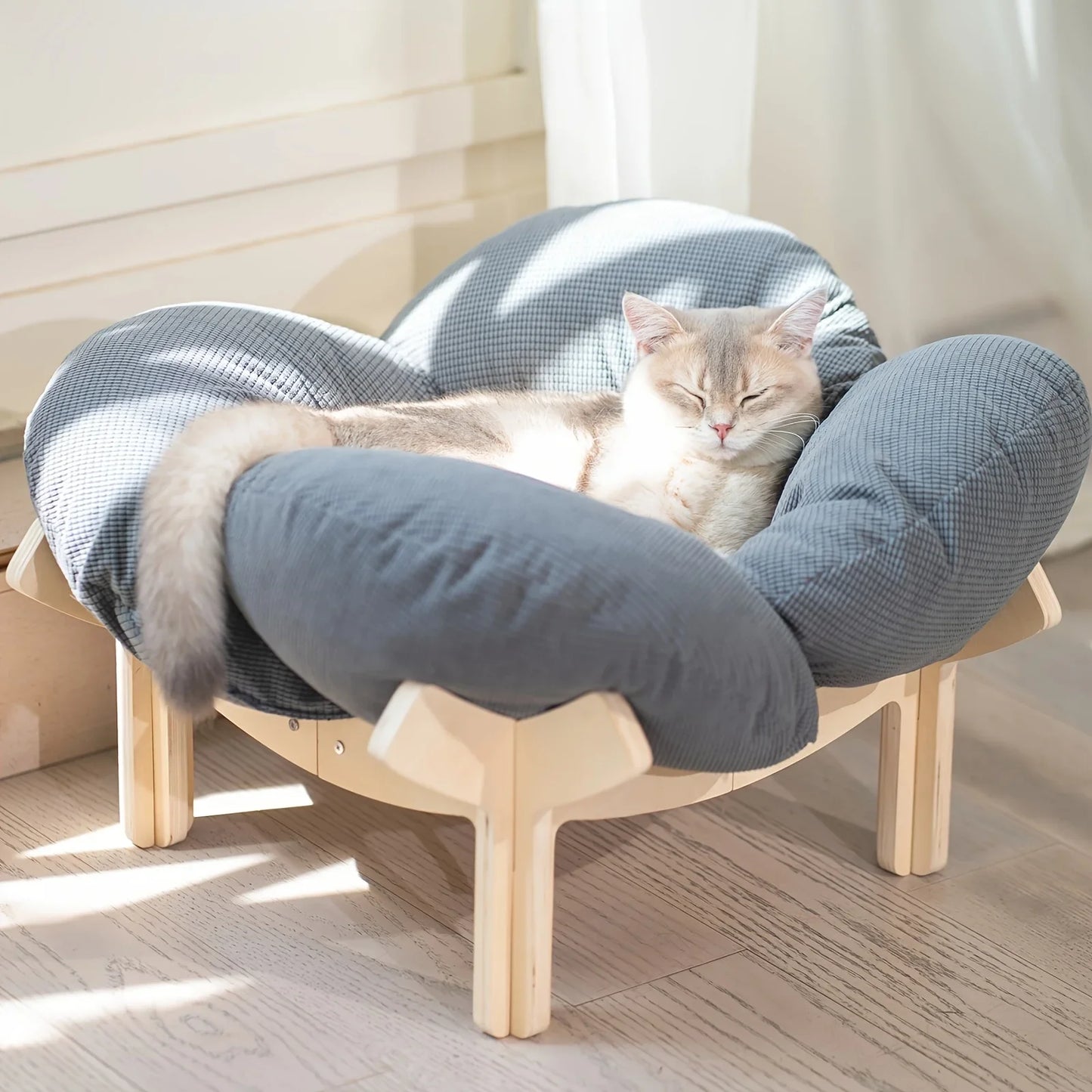 Raised Wooden Cat Bed With Soft Cushion For Indoor Use And Small Dogs