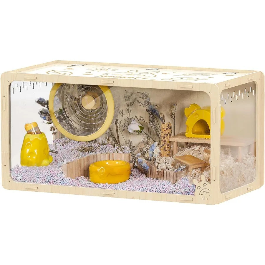 Wooden Hamster Cage Large Habitat Open Top Transparent Acrylic