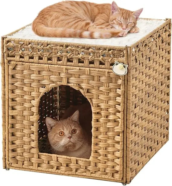 Handwoven Rattan Double Cat Cave Bed with Soft Cushions