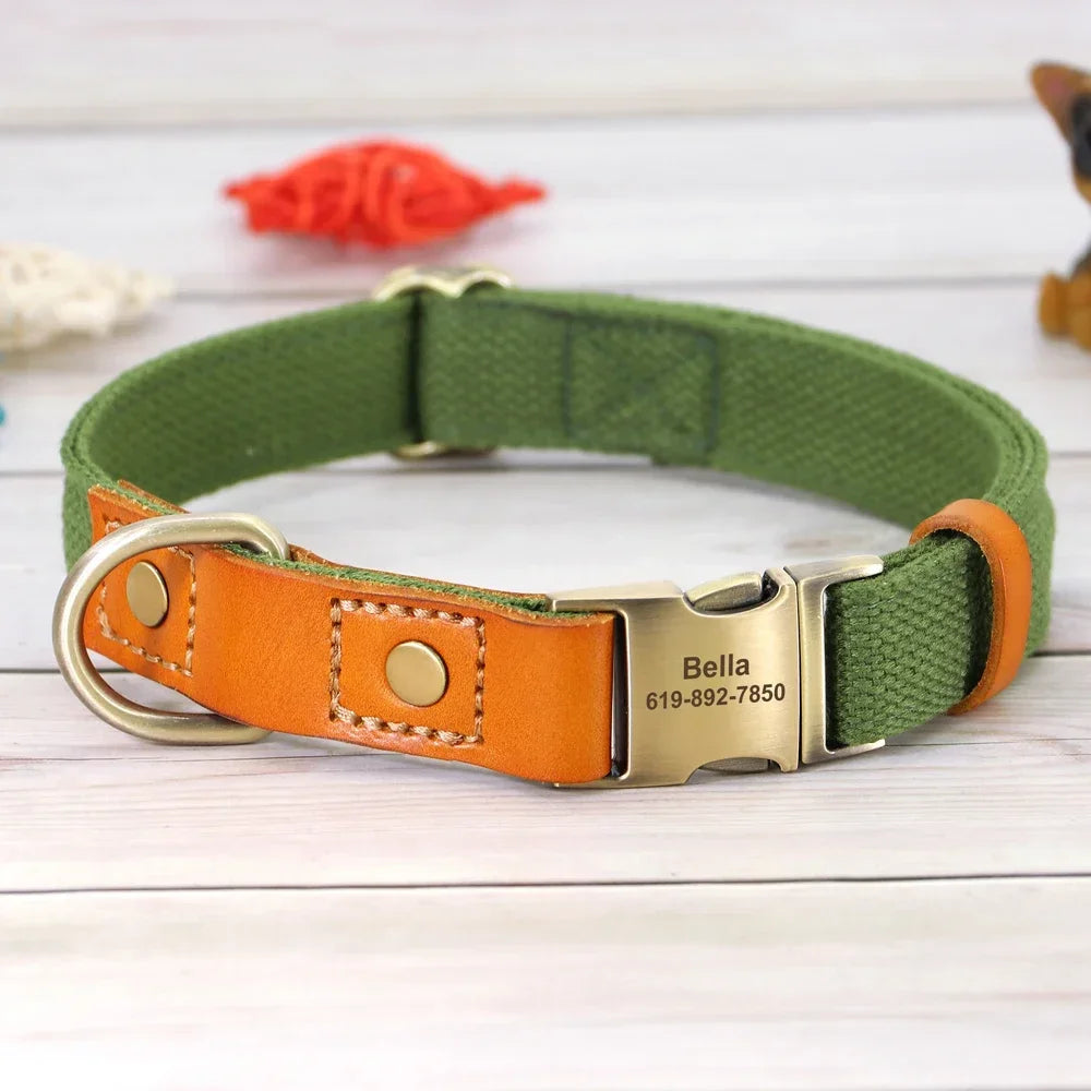 Nylon Dog Collar Leash Set With Personalized Genuine Leather Nameplate ID Tag