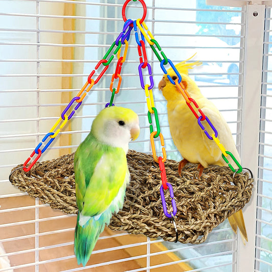 Parrot Swing Toy Woven Grass Hammock With Adjustable Chain Ring