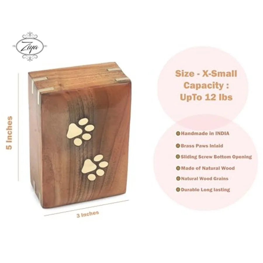 Wooden Cremation Pet Urn Brass Paws Inlaid Memorial Box