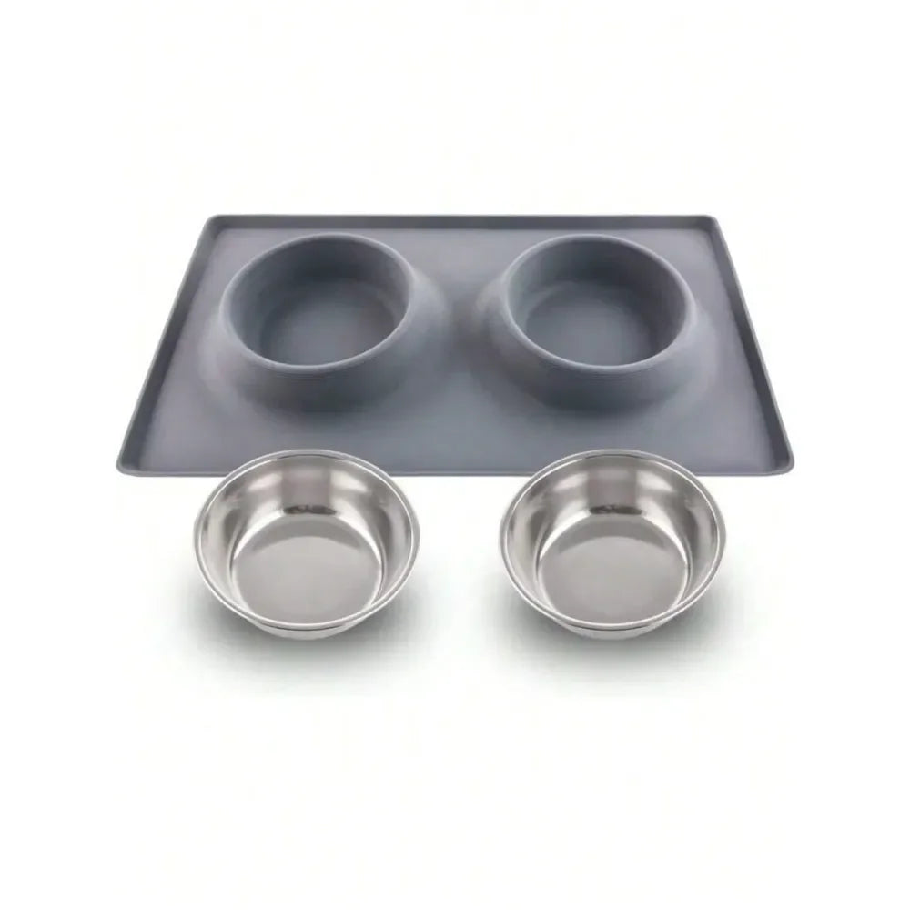 No Spill Dual Pet Feeder Bowls With Silicone Mat Set