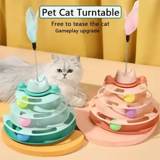 Interactive Cat Toy Tower Kitten Turntable Track Roller Balls Feather