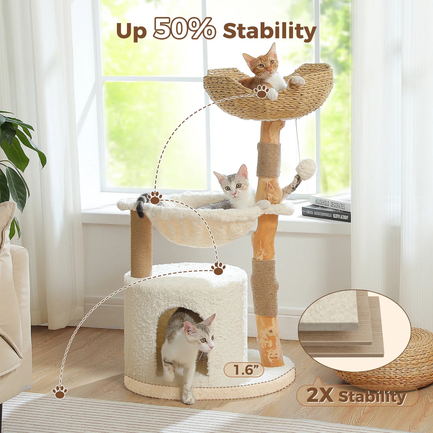 PAWZ Road Modern Cat Tree Tower With Natural Solid Wood Scratching Posts And Basket