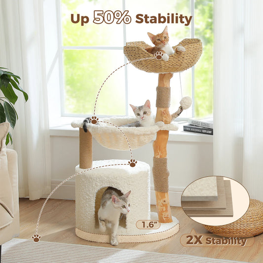 PAWZ Road Modern Cat Tree Tower With Natural Solid Wood Scratching Posts And Basket