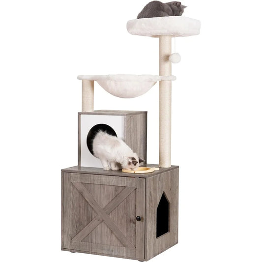 XMSJ All-In-One Cat Tree With Litter Box Enclosure And Food Station