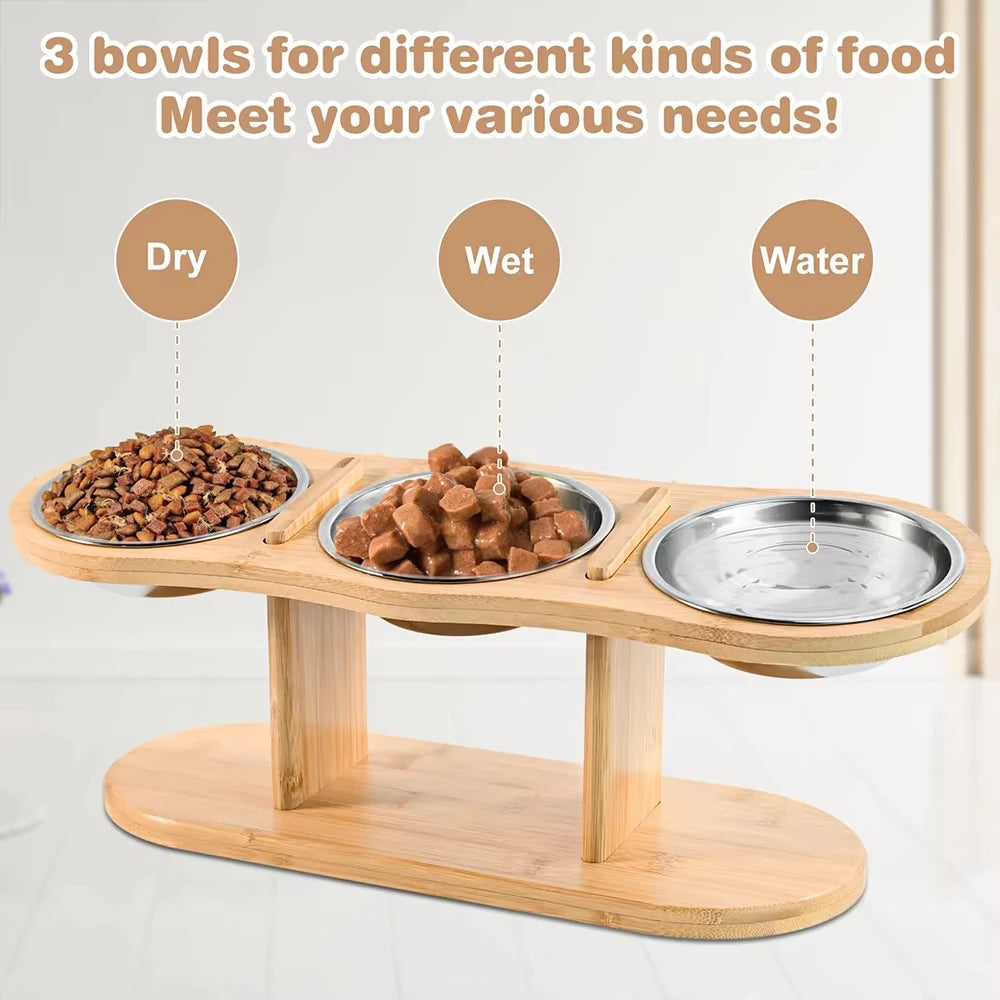 Cat Raised Feeder With Tilted Wood Stand Three Bowls