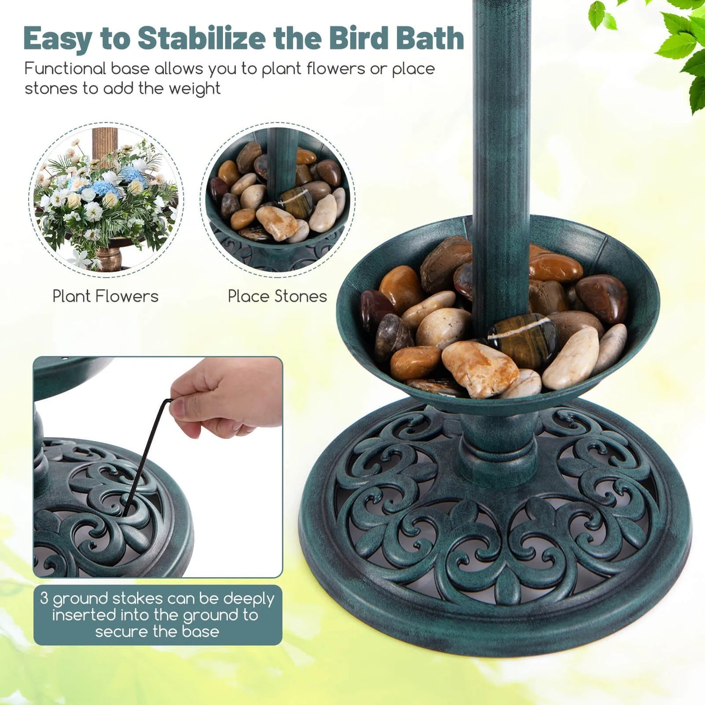 Solar Bird Bath Pedestal With Lotus Leaf Bowl And Feeder