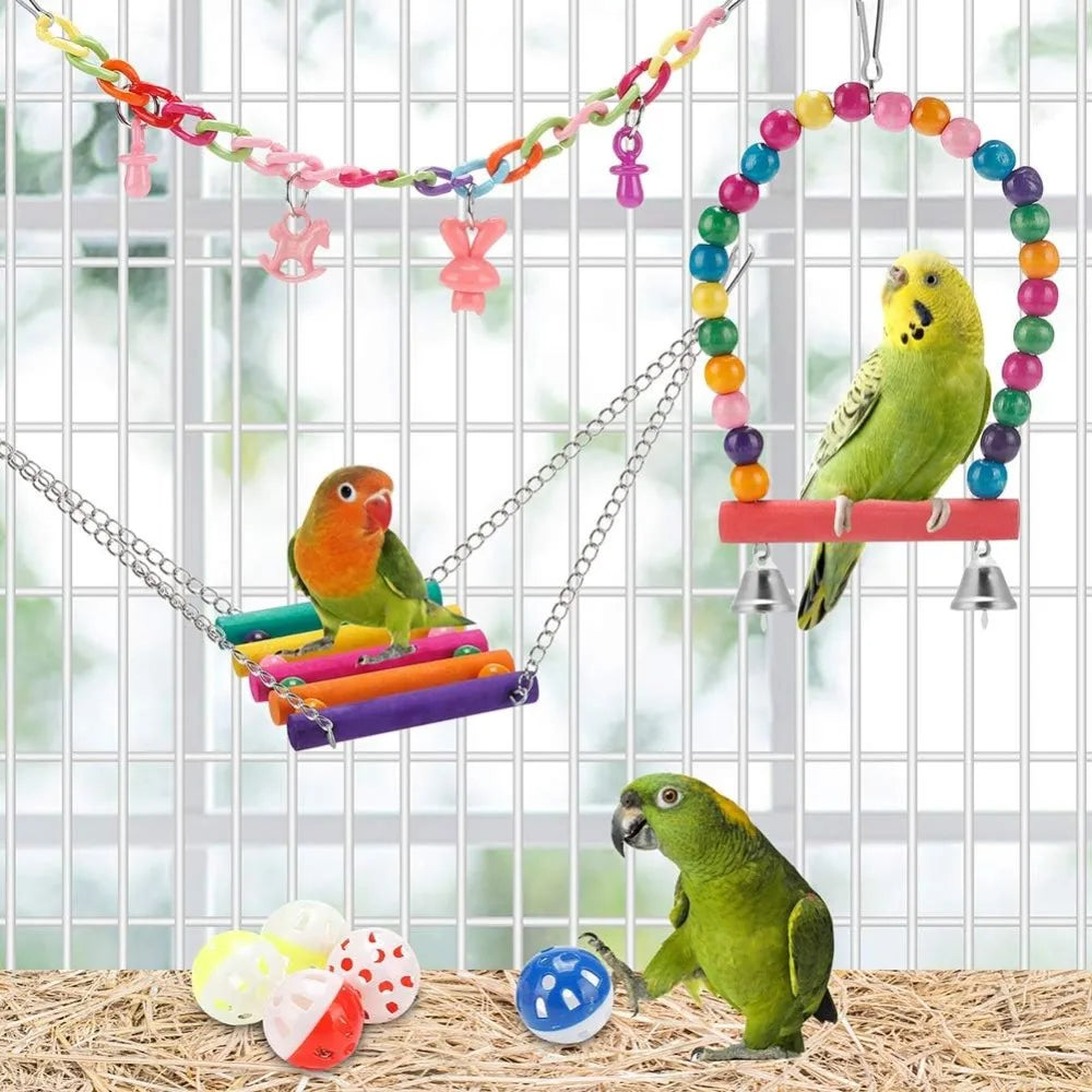 11 Piece Wooden Bird Toy Set For Parrots Budgies Playtime