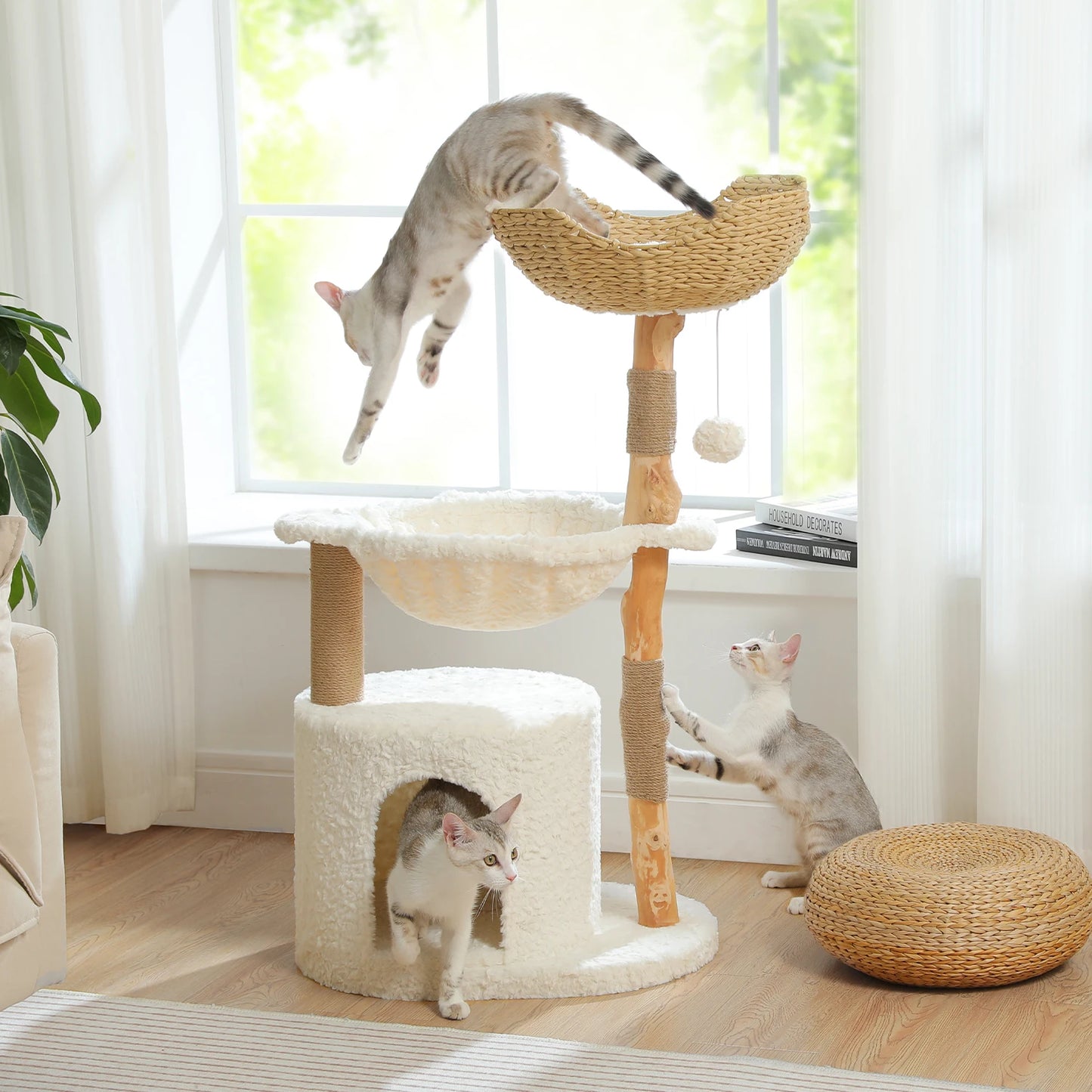 PAWZ Road Modern Cat Tree Tower With Natural Solid Wood Scratching Posts And Basket