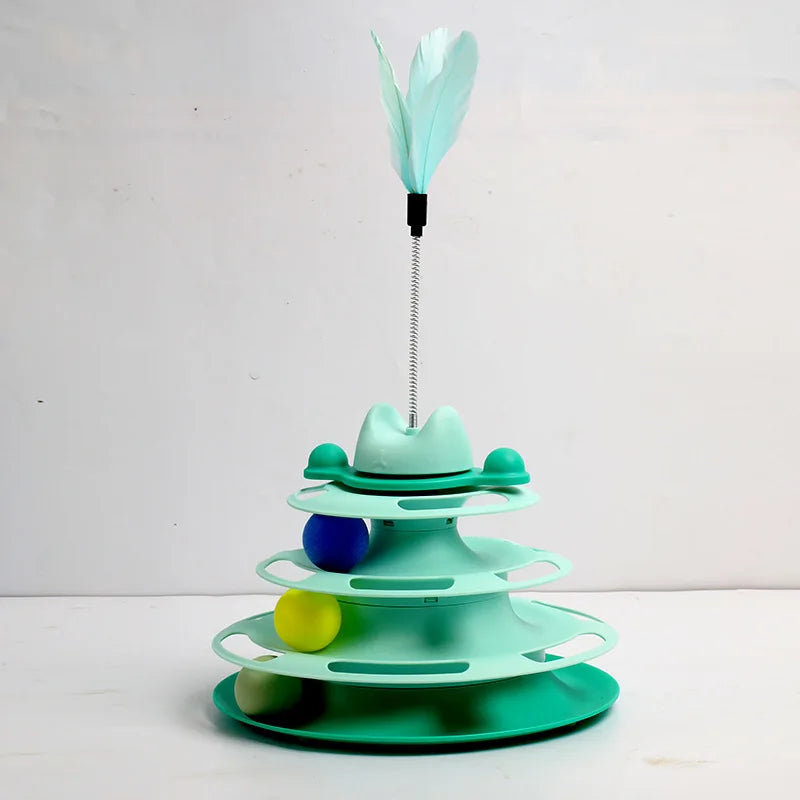 Interactive Cat Toy Tower Kitten Turntable Track Roller Balls Feather