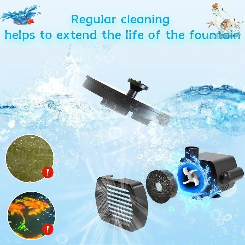 Outdoor Solar Fountain Pump With 6 Nozzles For Bird Bath