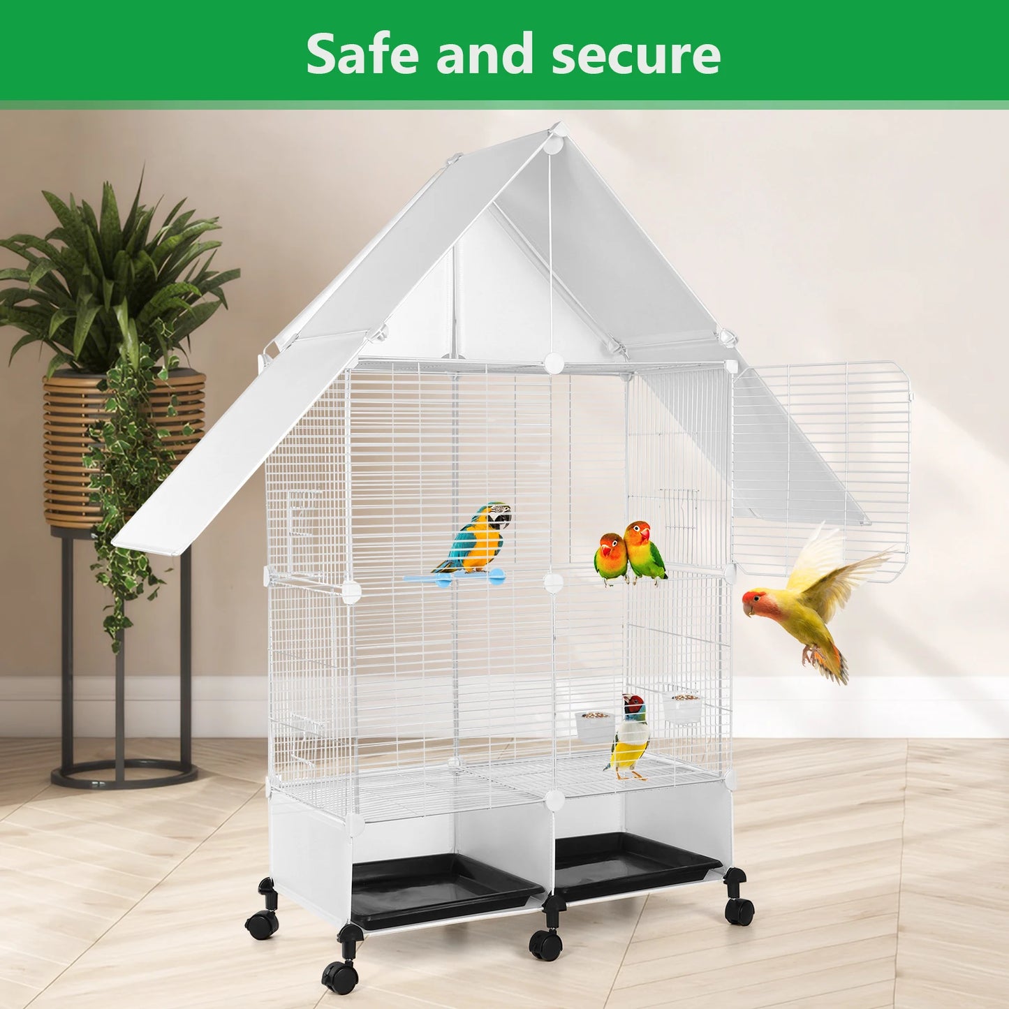 Iron 2 Tier House Shape Bird Cage With Lock Rolling Stand