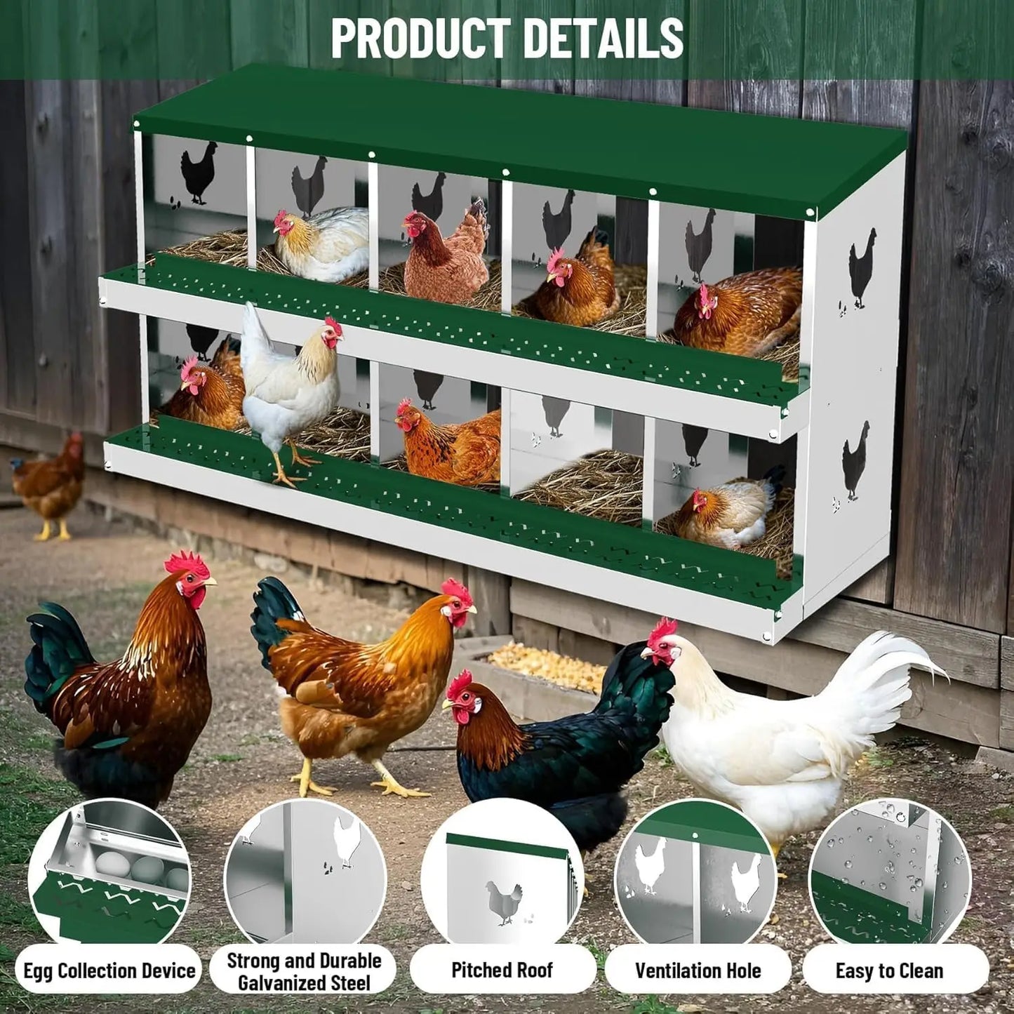 HiMISS Heavy-Duty Galvanized Steel Chicken Nesting Box 10 Compartments