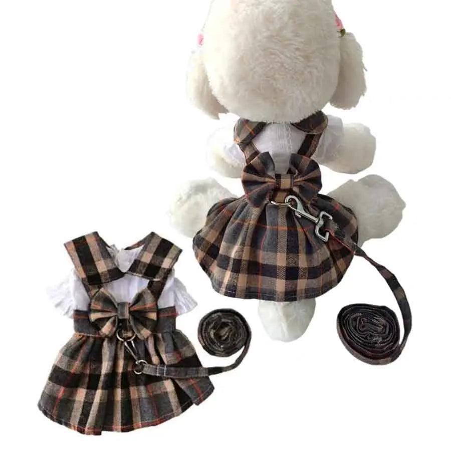 Plaid Dog Dress With Bowknot Back And Adjustable Leash