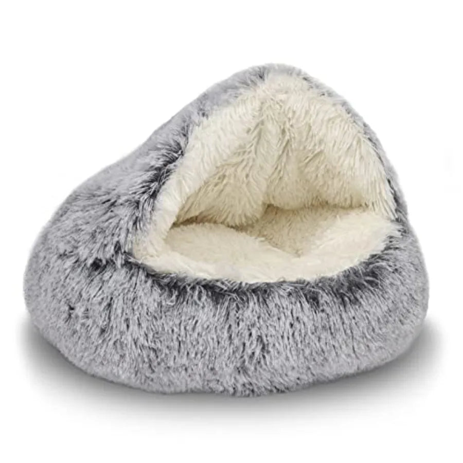 Round Plush Hooded Cat Bed Cave Cozy Suede Indoor Pet