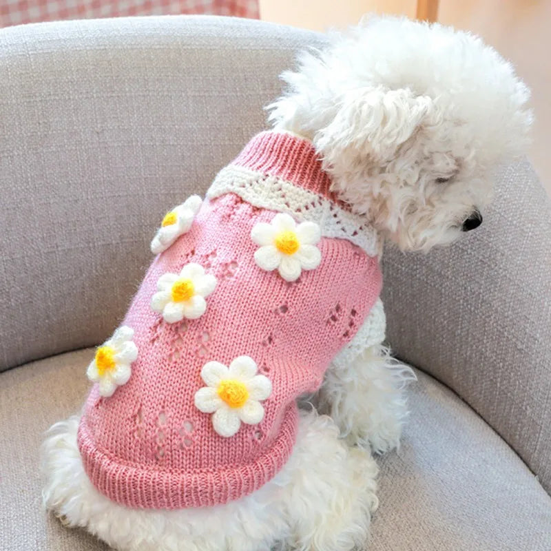 Floral Knit Dog Sweater For Dogs Warm Cozy Pet Sweater