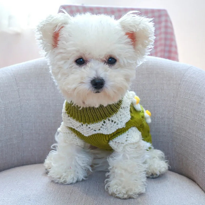 Floral Knit Dog Sweater For Dogs Warm Cozy Pet Sweater
