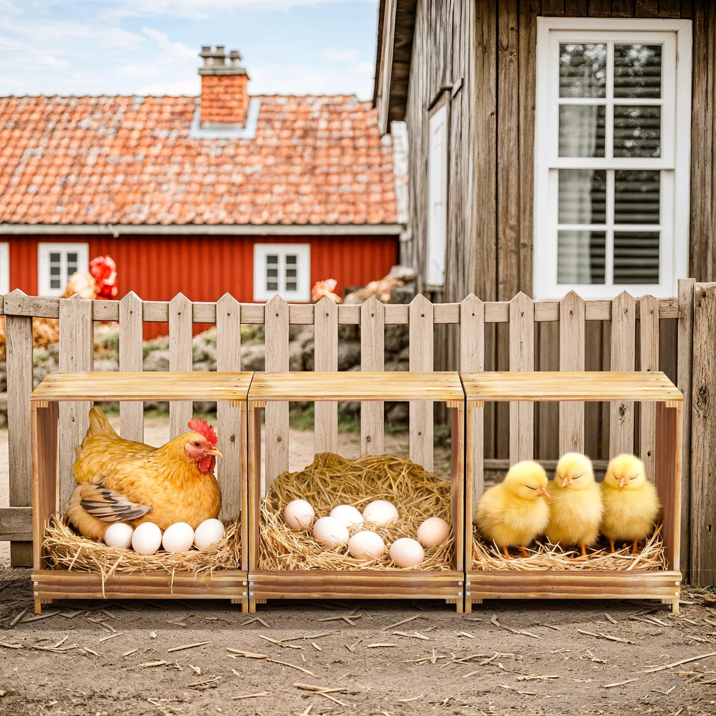 BORWART 3 Compartment Wooden Chicken Nesting Box for Poultry Farm