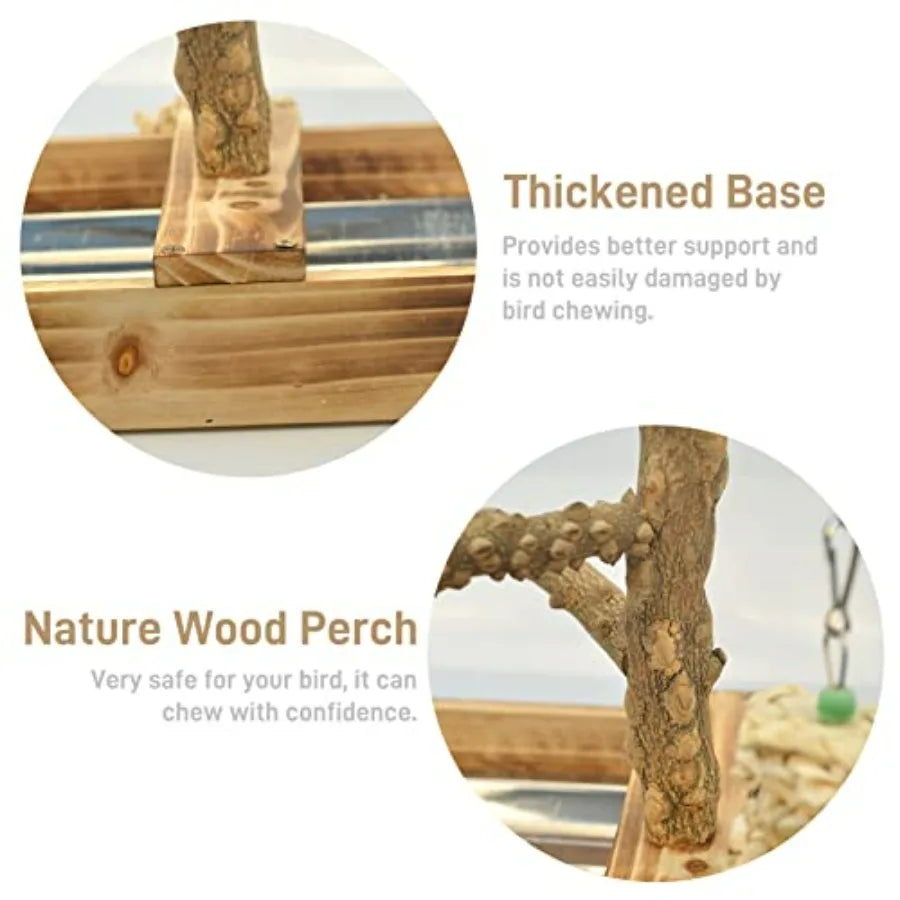 Natural Wood Bird Playground With Perches Stainless Steel Cups
