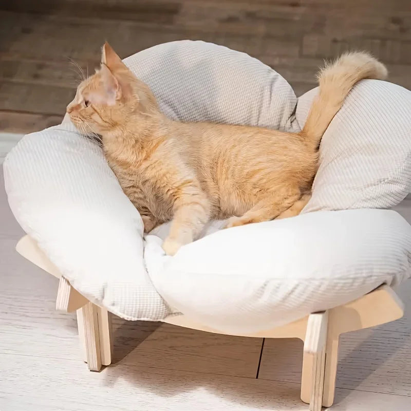 Raised Wooden Cat Bed With Soft Cushion For Indoor Use And Small Dogs