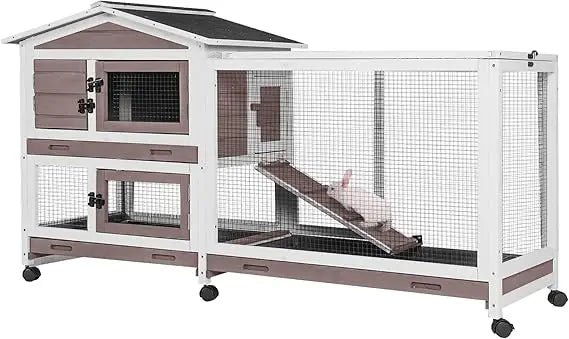 Chew Resistant Indoor Rabbit Hutch With Ramp And Wheels