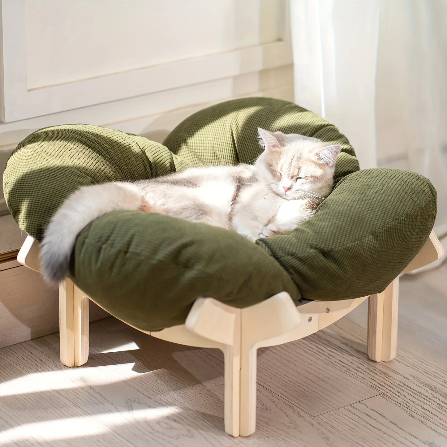 Raised Wooden Cat Bed With Soft Cushion For Indoor Use And Small Dogs