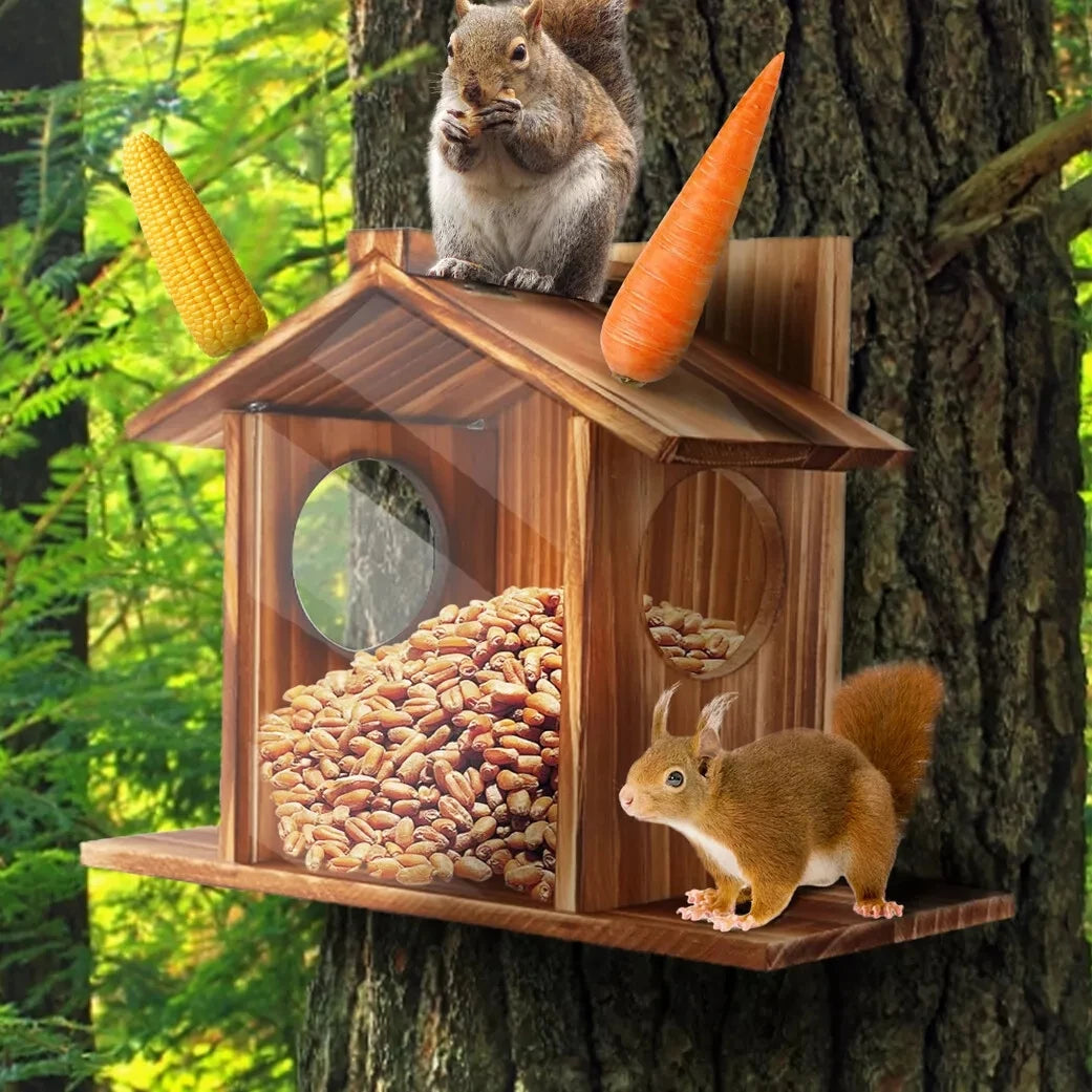 Bingopaw Wood Squirrel Feeder With Transparent Acrylic Front And Dual Side Openings For Easy Access