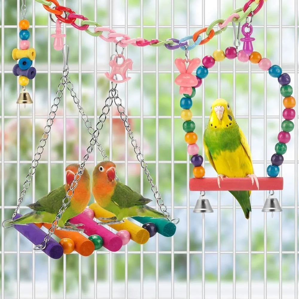 11 Piece Wooden Bird Toy Set For Parrots Budgies Playtime