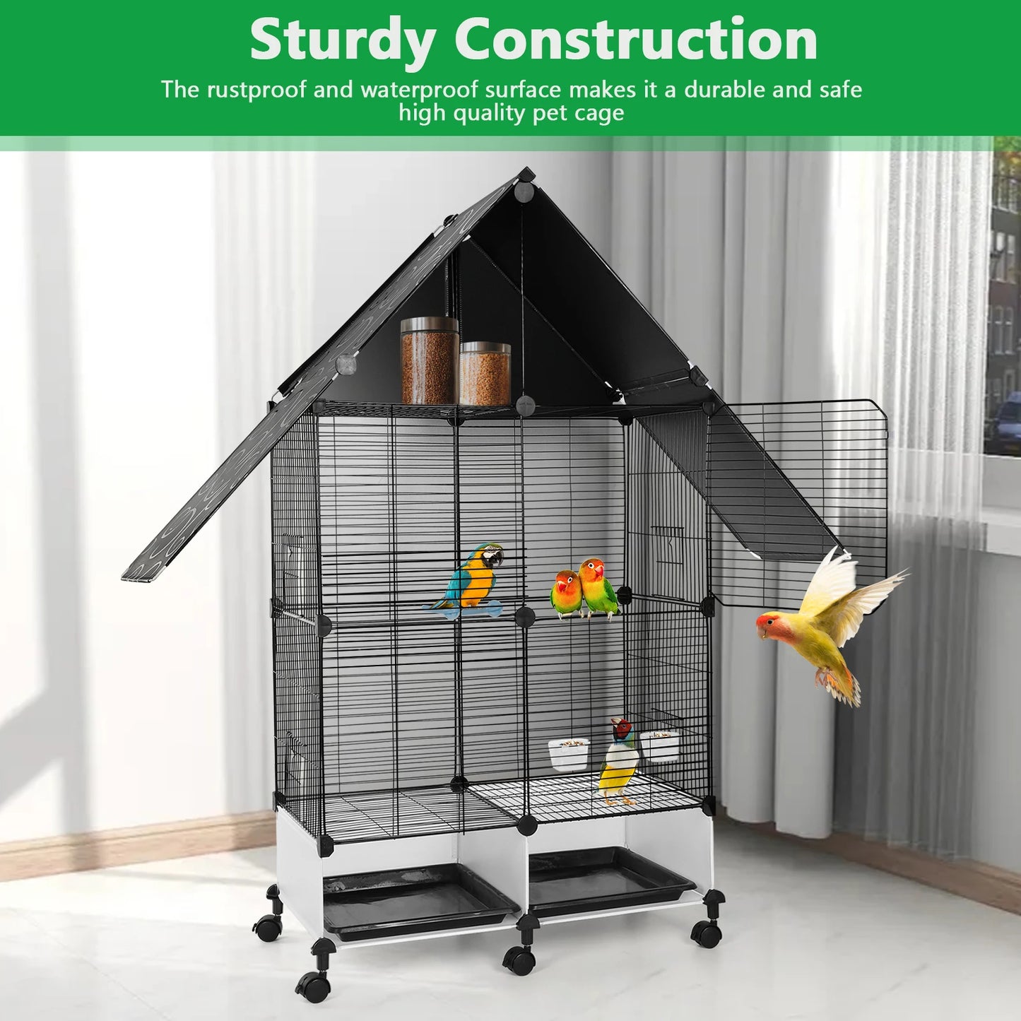 Iron 2 Tier House Shape Bird Cage With Lock Rolling Stand