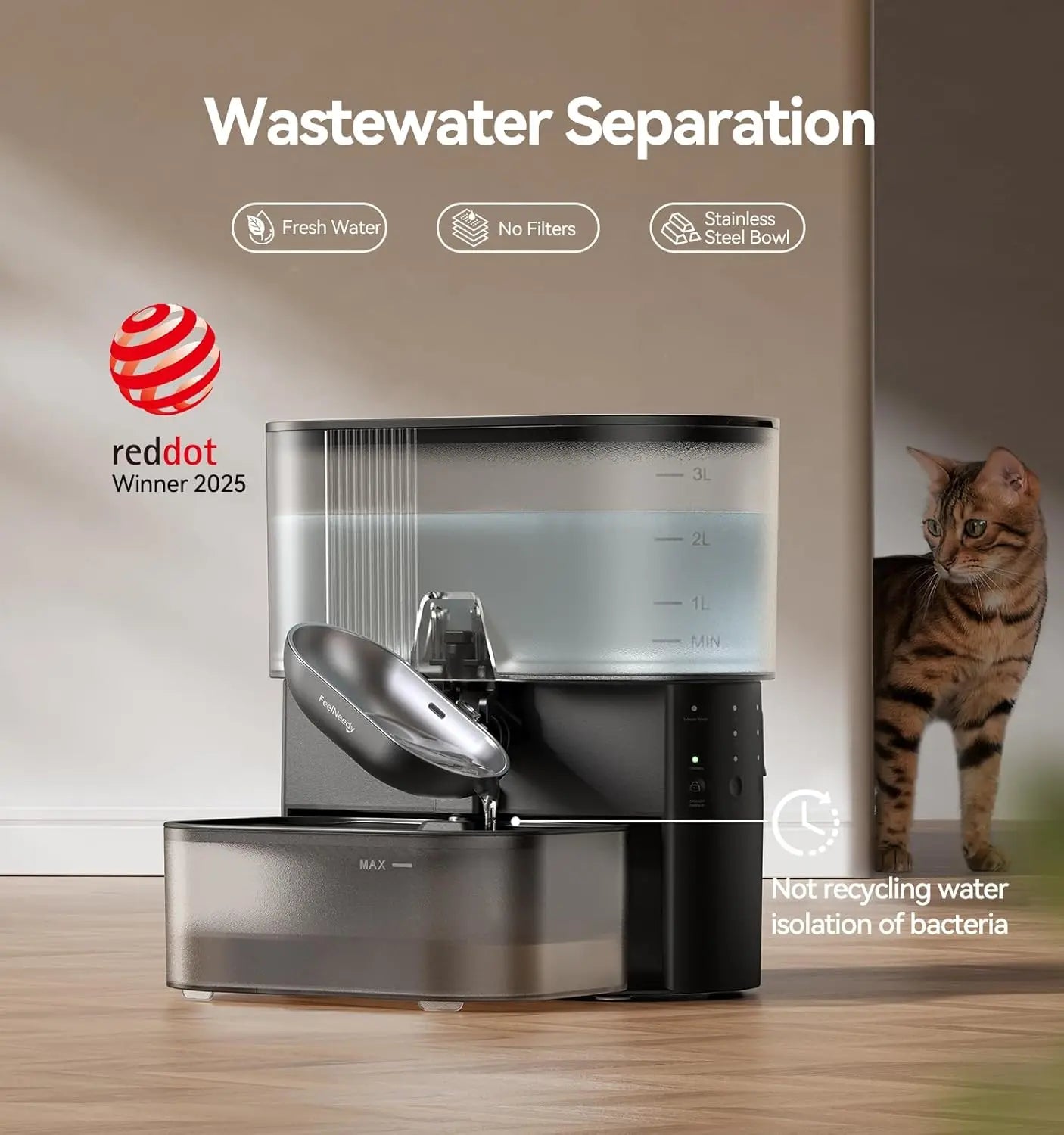 Cordless Pet Water Fountain Wastewater Separation For Cats And Dogs